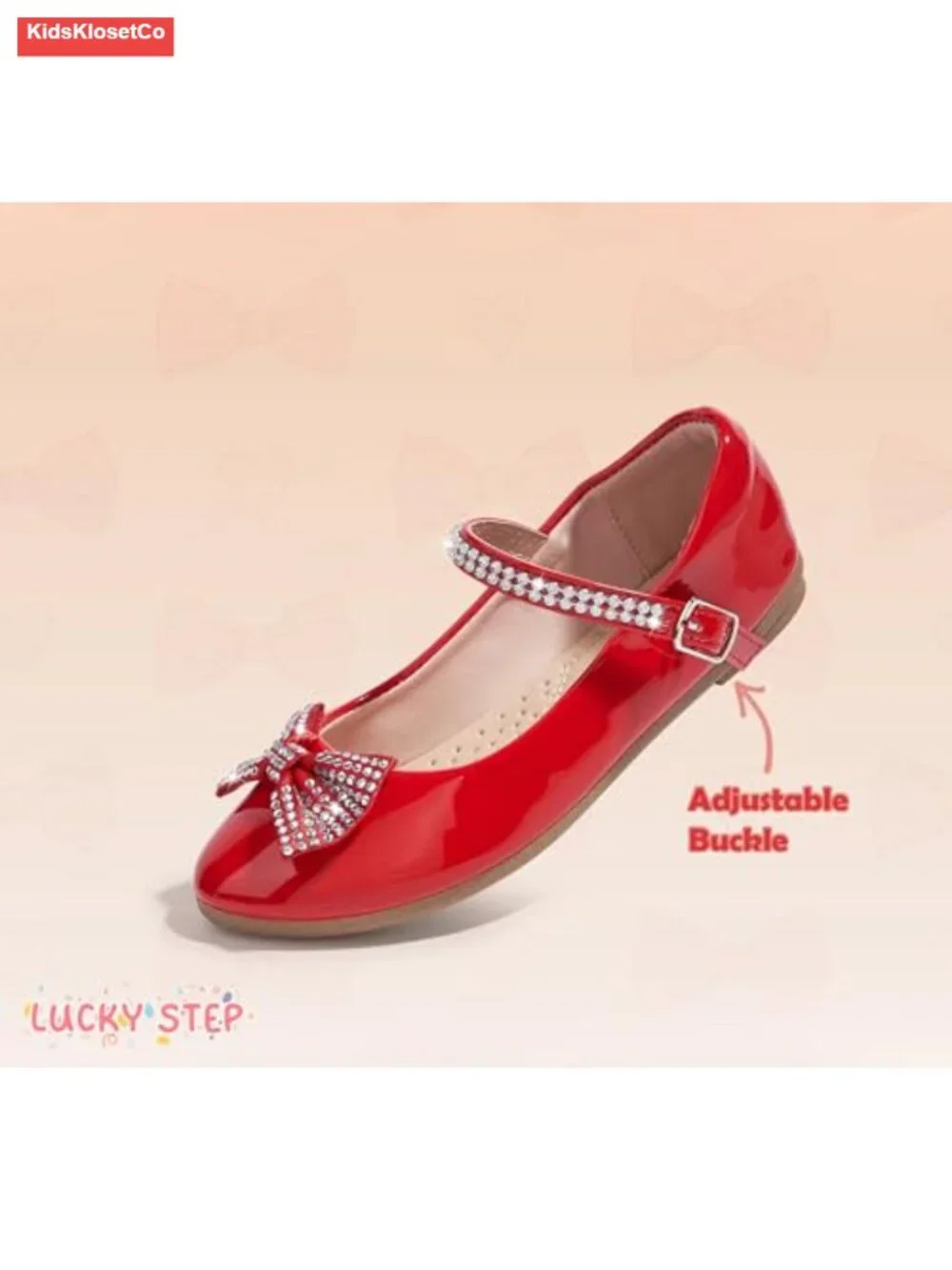 Girls Sparkling Rhinestone Bow Mary Jane Flats, Adjustable Buckle, Non-Slip,